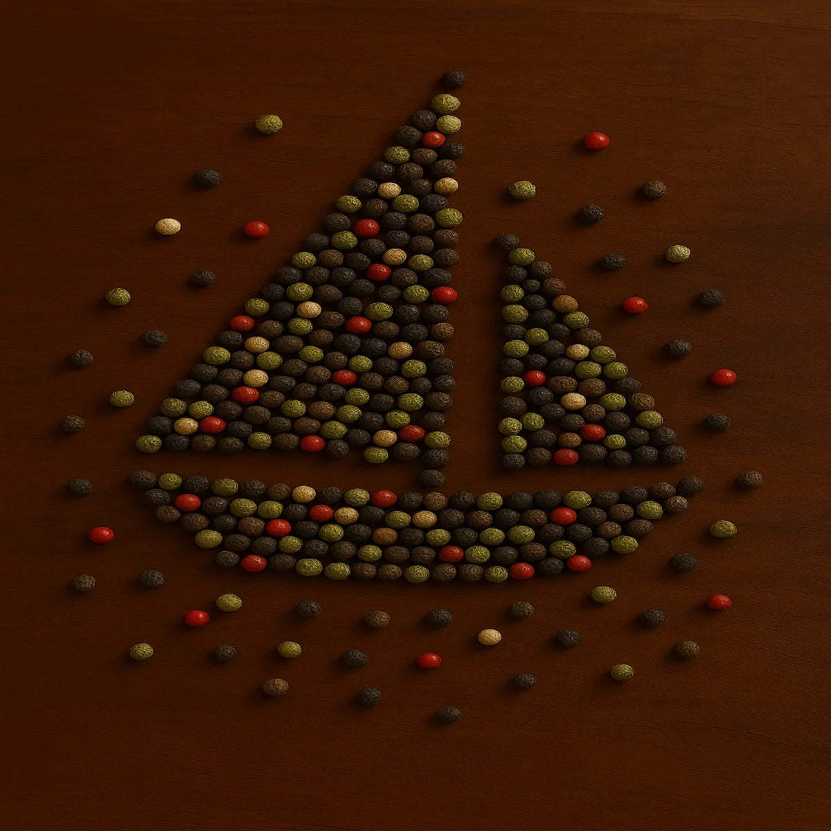 Composition artistique de poivres 4 baies formant une voile - création sensorielle Maison L’Or Noir, épices de l’Océan Indien.