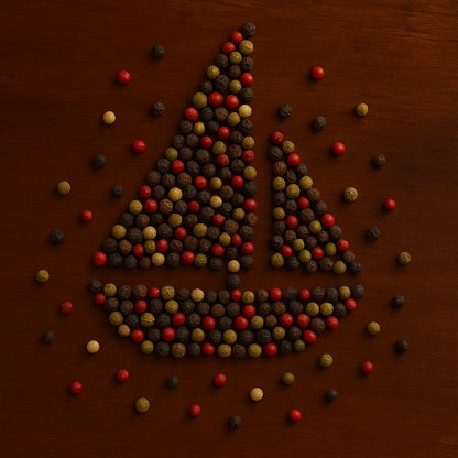 Voilier en 5 baies - composition artistique symbolisant la route des épices de la Maison L’Or Noir, Océan Indien.