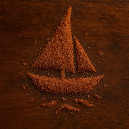 Voilier en poudre d’épices — symbole du voyage gustatif de la Maison L’Or Noir, mélange 4 épices de l’Océan Indien.