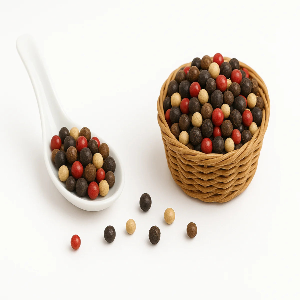 Panier et cuillère de 4 baies colorées - poivres rares de l’Océan Indien affinés en Normandie par Vanille Morgan.